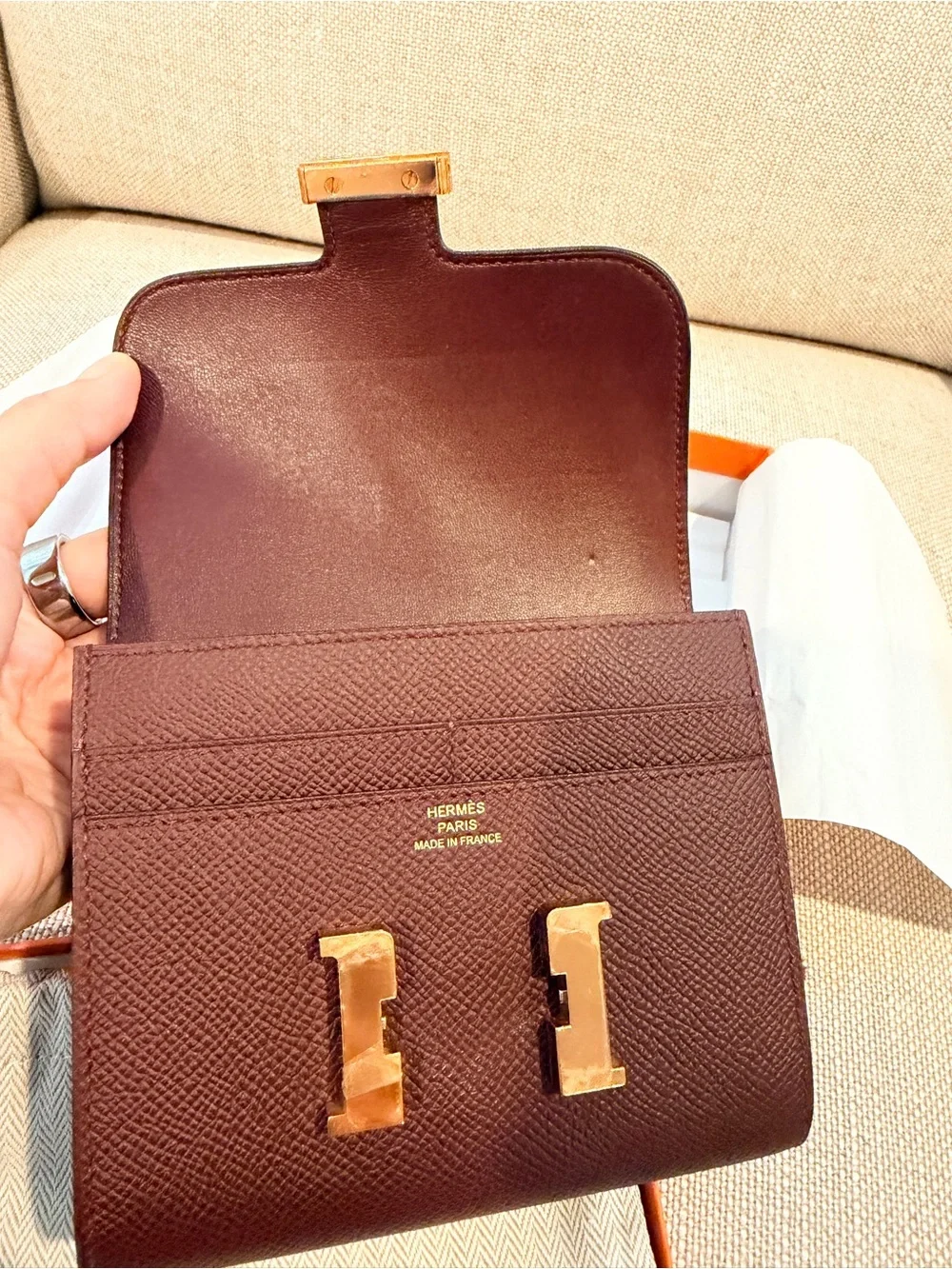 HERMES Constance Wallet in Burgundy with ROSE Gold Hardware